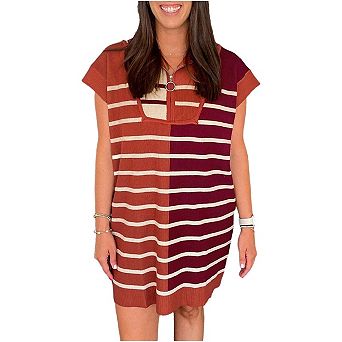 Stripe Color Block Quarter Zip Collar Short Sleeve Sweater Dress
