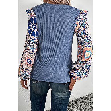 Coffee Ruffled Floral Sleeve Patchwork Waffle Knit O Neck Blouse