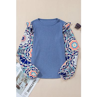 Coffee Ruffled Floral Sleeve Patchwork Waffle Knit O Neck Blouse