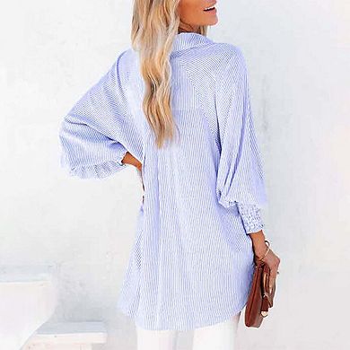 Smocked Cuffed Striped Boyfriend Shirt with Pocket