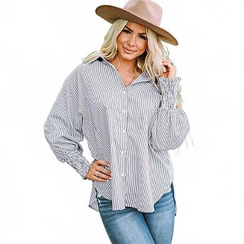 Smocked Cuffed Striped Boyfriend Shirt with Pocket