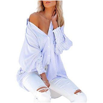 Smocked Cuffed Striped Boyfriend Shirt with Pocket