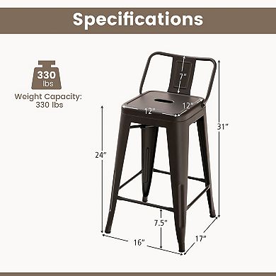 Costway Set of 4 Low Metal Counter Stool 24" Seat Height Bar Stools Removable Backrest