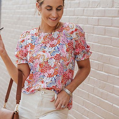 Floral Pattern Bubble Sleeve Blouse