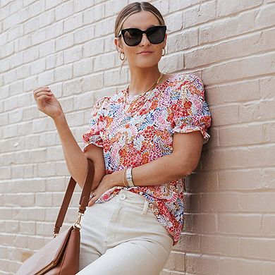 Floral Pattern Bubble Sleeve Blouse