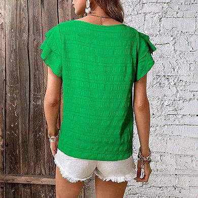 Textured Ruffled Sleeve Round Neck Top
