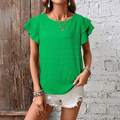 Textured Ruffled Sleeve Round Neck Top