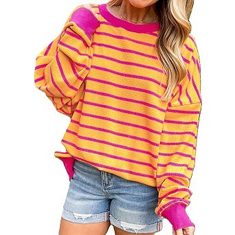 Trimmed Round Neck Drop Shoulder Loose Sweater