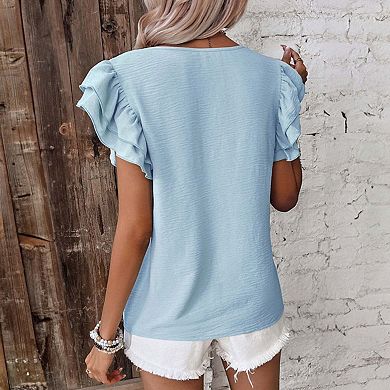 Solid Color Ruffled Short Sleeve Casual Blouse