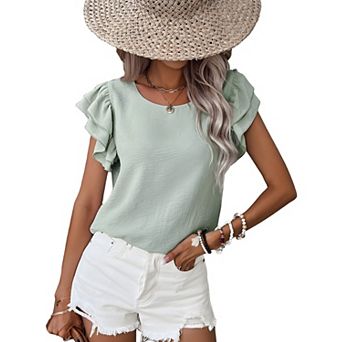 Solid Color Ruffled Short Sleeve Casual Blouse