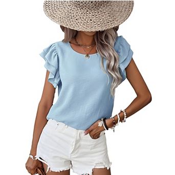 Solid Color Ruffled Short Sleeve Casual Blouse