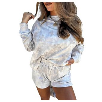 Camo Print Pullover Top and Elastic Waist Casual Short Set