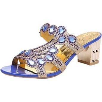 Gorgeous Rhinestone Chunky Heel Sandals for Women, Sparkly Gem Embellished Slide Heels for Party