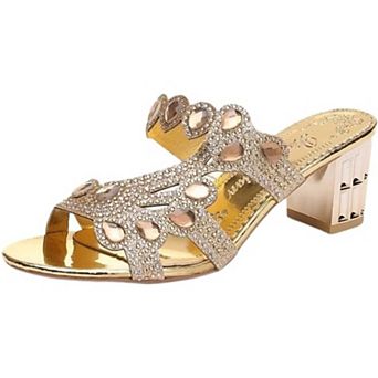 Gorgeous Rhinestone Chunky Heel Sandals for Women, Sparkly Gem Embellished Slide Heels for Party