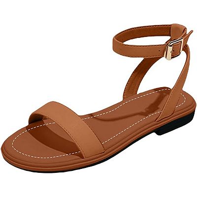 Women's Brown Ankle Strap Sandals with Open-Toe Design - Casual Flat Summer Footwear for Daily Wear and Vacations