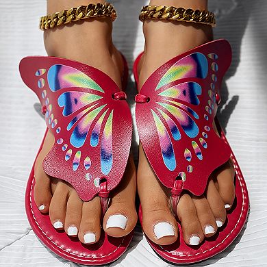 Women's Butterfly Decor Flip Flops Colorful Print Flat Thong Sandals Cute Summer Beach Shoes