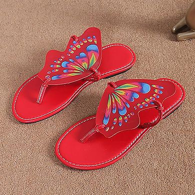 Women's Butterfly Decor Flip Flops Colorful Print Flat Thong Sandals Cute Summer Beach Shoes