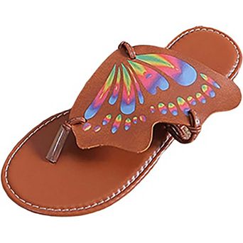 Women's Butterfly Decor Flip Flops Colorful Print Flat Thong Sandals Cute Summer Beach Shoes