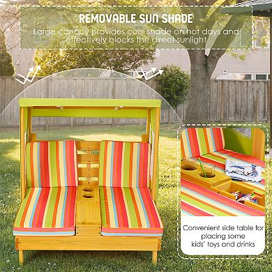 Costway Kids Double Chaise Lounge Patio Lounge Chair with Cup Holders & Awning