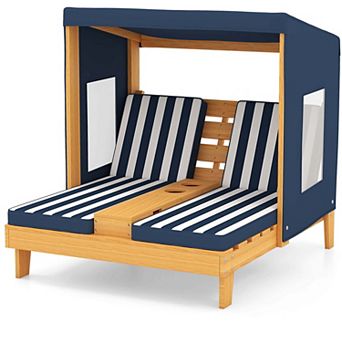 Costway Kids Double Chaise Lounge Patio Lounge Chair with Cup Holders & Awning