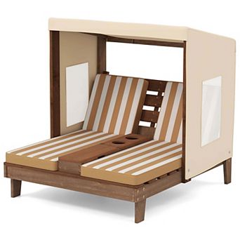 Costway Kids Double Chaise Lounge Patio Lounge Chair with Cup Holders & Awning