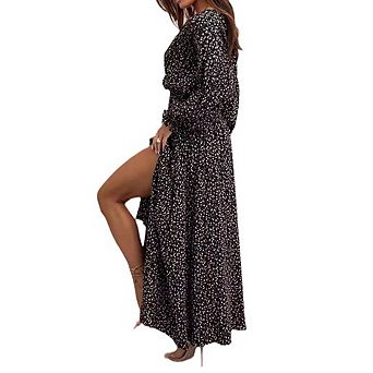 Women's Casual Printed Maxi Dress V-Neck Split Long Sleeve Elastic Waist Vacation Dress