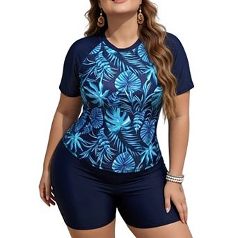 Plus Two Piece Rash Guard Swimsuit for Women - Short Sleeve Tropical Print Top with High Waisted