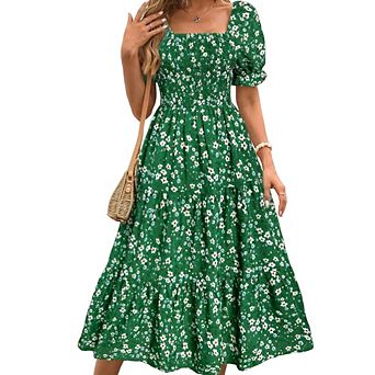 Women's Floral Square Neck Dress Casual Waist-Cinching Bust-Fitted Bubble Sleeve Tiered Midi Dress