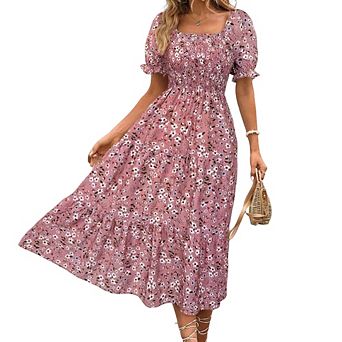 Women's Floral Square Neck Dress Casual Waist-Cinching Bust-Fitted Bubble Sleeve Tiered Midi Dress