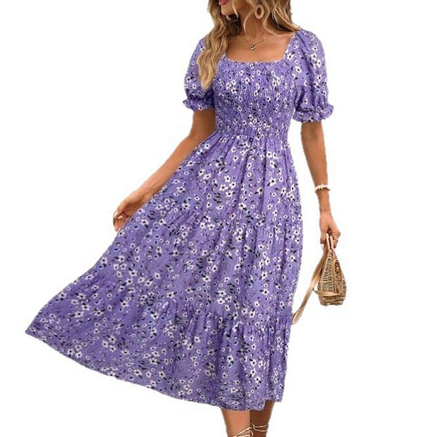 Women's Floral Square Neck Dress Casual Waist-Cinching Bust-Fitted Bubble  Sleeve Tiered Midi Dress