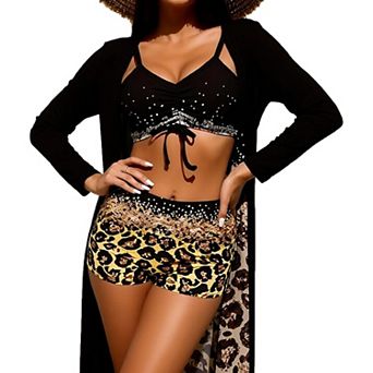 Women's 3 pc Leopard Print Swimsuit Set with Top, High Waist Shorts & Long Cover Up Beachwear