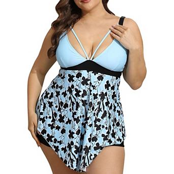 Plus Two Piece Tankini Swimsuit for Women - Flowy Floral Print Tunic Top with High Waisted Shorts