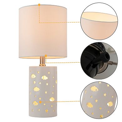 C Cattleya 17.5-Inch Starry Table Lamp with White Ceramic Base and Fabric Shade,3 Lighting Mode