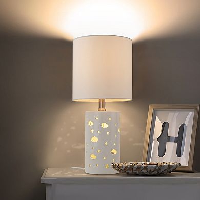 C Cattleya 17.5-Inch Starry Table Lamp with White Ceramic Base and Fabric Shade,3 Lighting Mode