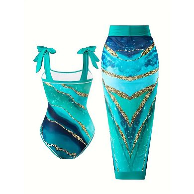 Women's Marble Print One Piece Swimsuit with Tie Shoulder & Sarong Cover Up 2 Piece Set
