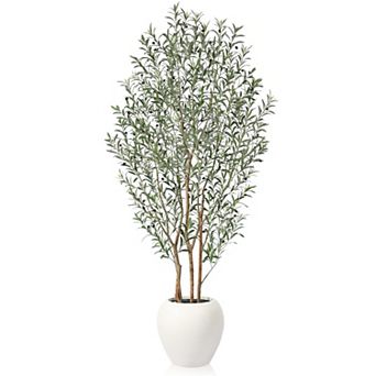 Artificial Olive Tree 8ft with Natural Wood Trunk, Faux Plant in White Planter for Indoor Home Decor