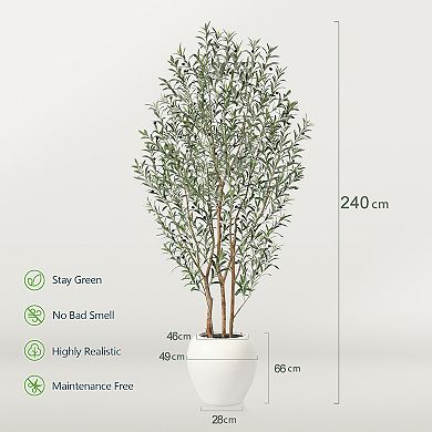 Artificial Olive Tree 8ft with Natural Wood Trunk, Faux Plant in White Planter for Indoor Home Decor