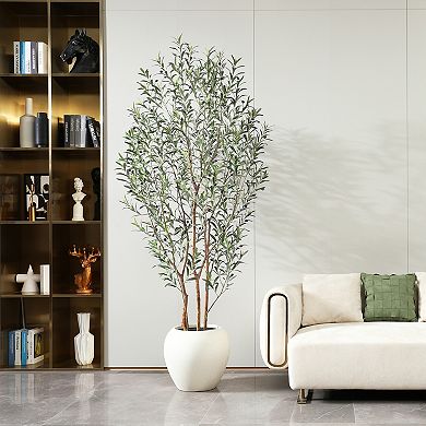 Artificial Olive Tree 8ft with Natural Wood Trunk, Faux Plant in White Planter for Indoor Home Decor
