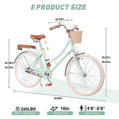 24 Inch Women Beach Cruiser Bike, Low-Step Frame with Basket, Comfortable Commuter Bike