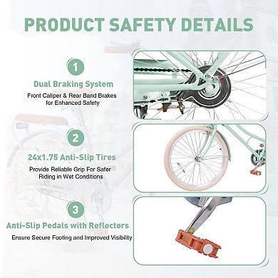 24 Inch Women Beach Cruiser Bike, Low-Step Frame with Basket, Comfortable Commuter Bike