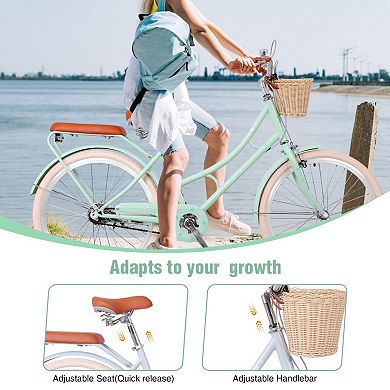 24 Inch Women Beach Cruiser Bike, Low-Step Frame with Basket, Comfortable Commuter Bike