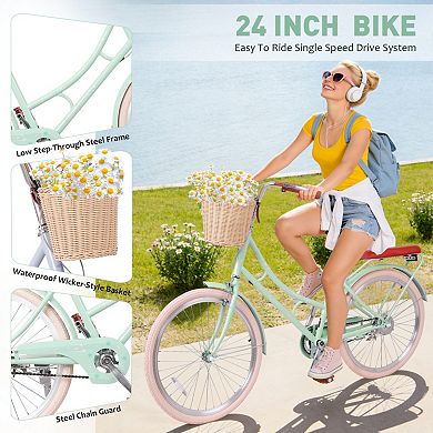 24 Inch Women Beach Cruiser Bike, Low-Step Frame with Basket, Comfortable Commuter Bike