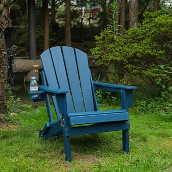 HDPE Folding Adirondack Chair with Cup Holder, 350lbs Capacity, Weather-Resistant for Patio Garden