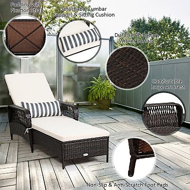 Costway PE Rattan Chaise Lounge Chair Armrest Recliner Adjustable Pillow