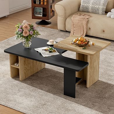 Set of 2 Nesting Coffee Tables,Farmhouse Wood Finish,Safe Rounded Corners for Living Room,Sofa Side