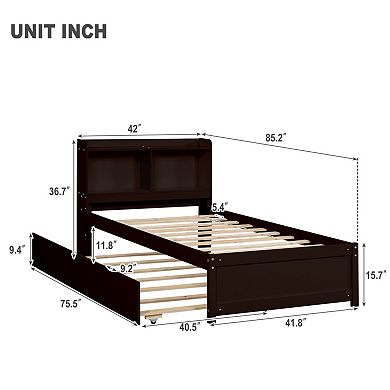 Twin Bed with Pull-Out Trundle & Storage Headboard, Wood Platform Bed, No Box Spring Needed