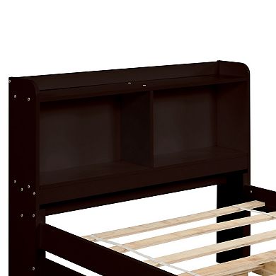 Twin Bed with Pull-Out Trundle & Storage Headboard, Wood Platform Bed, No Box Spring Needed