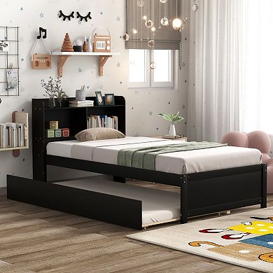 Twin Bed with Pull-Out Trundle & Storage Headboard, Wood Platform Bed, No Box Spring Needed