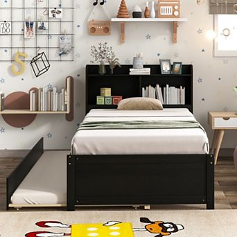 Twin Bed with Pull-Out Trundle & Storage Headboard, Wood Platform Bed, No Box Spring Needed