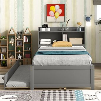 Twin Bed with Pull-Out Trundle & Storage Headboard, Wood Platform Bed, No Box Spring Needed